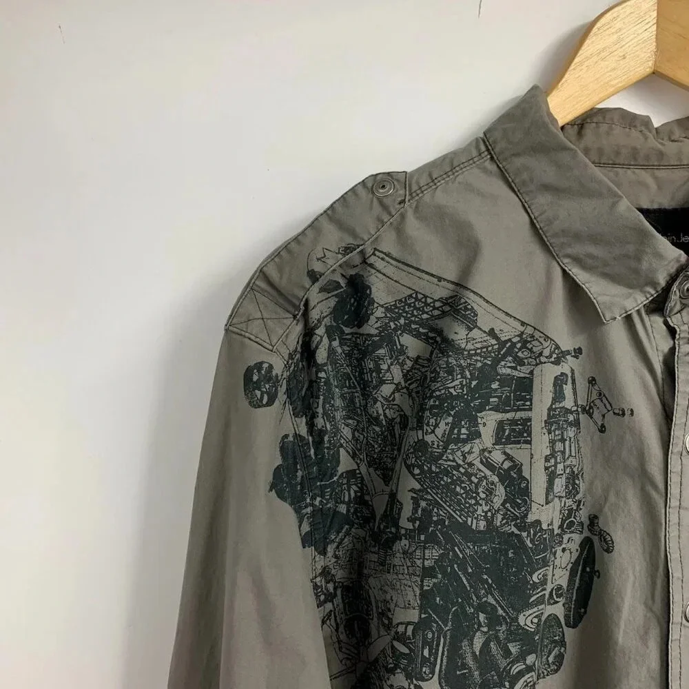 Calvin Klein Jeans Men's Motor Blow Apart Graphic Snap‎ Up Shirt Size XL
